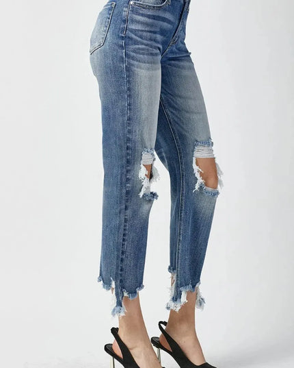 RISEN High Waist Distressed Frayed Hem Cropped Straight Jeans - ShopEasier