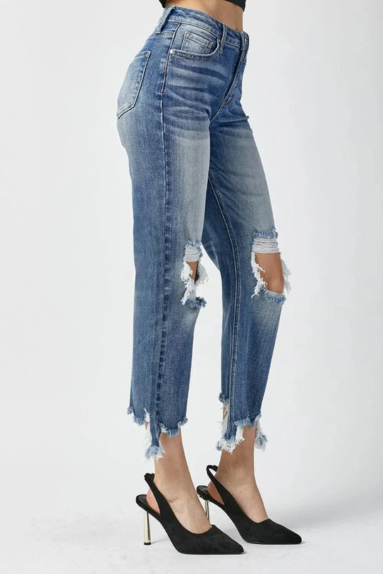 RISEN High Waist Distressed Frayed Hem Cropped Straight Jeans - ShopEasier