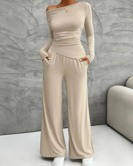 Chic Long Sleeve Top and Flowy Wide Leg Pants Ensemble