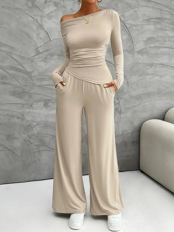 Chic Long Sleeve Top and Flowy Wide Leg Pants Ensemble