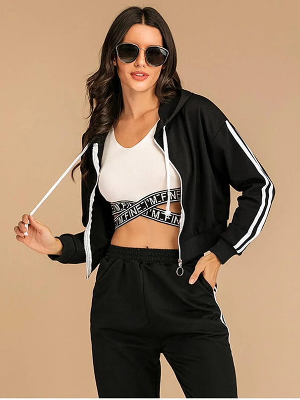 Perfee Drawstring Side Stripe Zip Up Hooded Top and Pants Set - ShopEasier