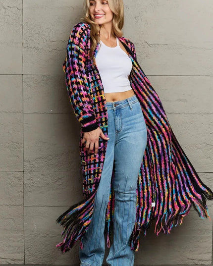 Angel Wings Full Size Multicolored Open Front Fringe Hem Cardigan - ShopEasier