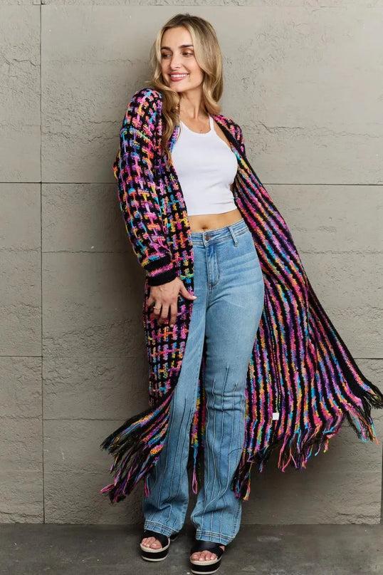 Angel Wings Full Size Multicolored Open Front Fringe Hem Cardigan - ShopEasier