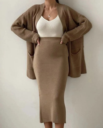 Pocketed Long Sleeve Cardigan and Skirt Sweater Set