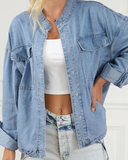 Drawstring Snap Down Denim Jacket with Chest Pockets - ShopEasier