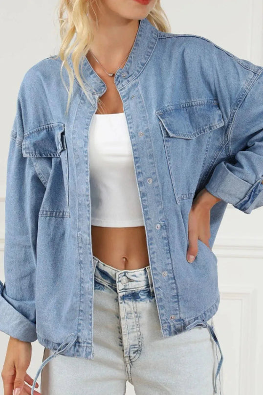 Drawstring Snap Down Denim Jacket with Chest Pockets - ShopEasier