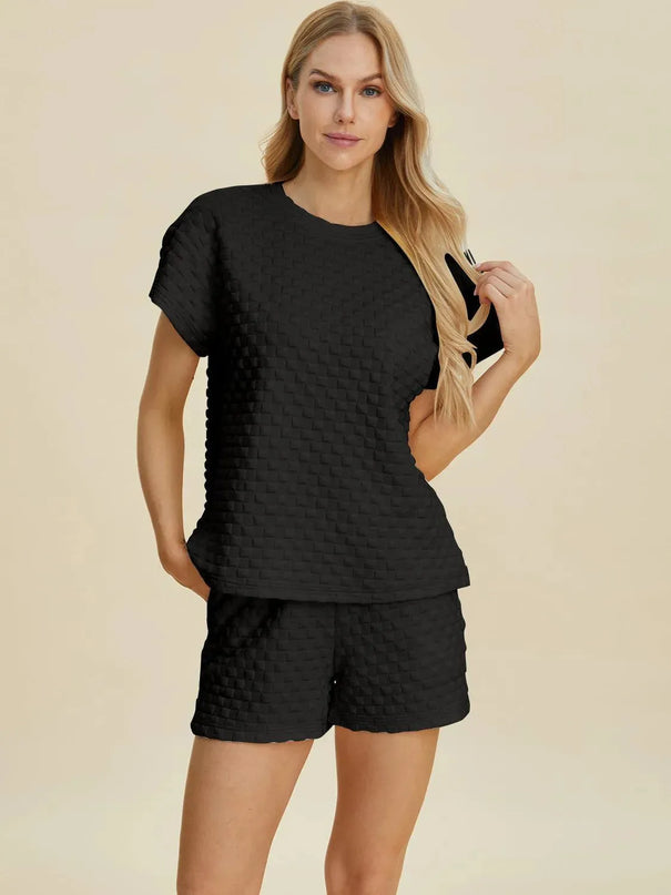 Dual Style Full Size Textured Tee and Shorts Ensemble