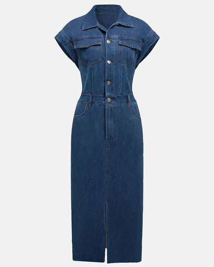 Slit Half Button Collared Neck Cap Sleeve Denim Dress - ShopEasier