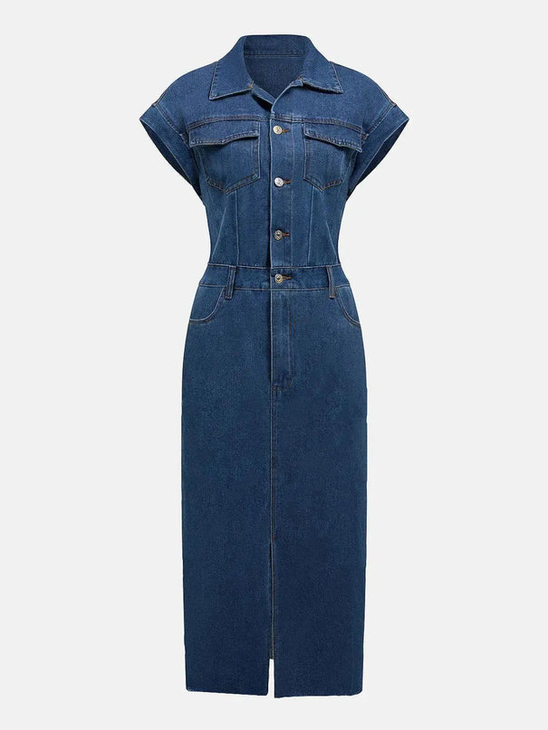 Slit Half Button Collared Neck Cap Sleeve Denim Dress - ShopEasier