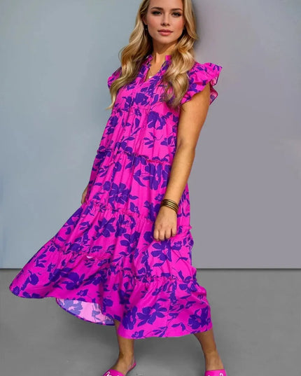 Oh Full Size Ruffled Printed Notched Cap Sleeve Midi Dress