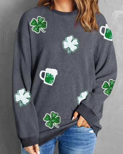 Lucky Clover Beer Sequin Round Neck Sweatshirt - ShopEasier