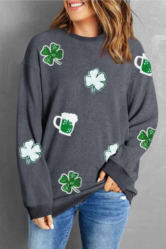 Lucky Clover Beer Sequin Round Neck Sweatshirt - ShopEasier