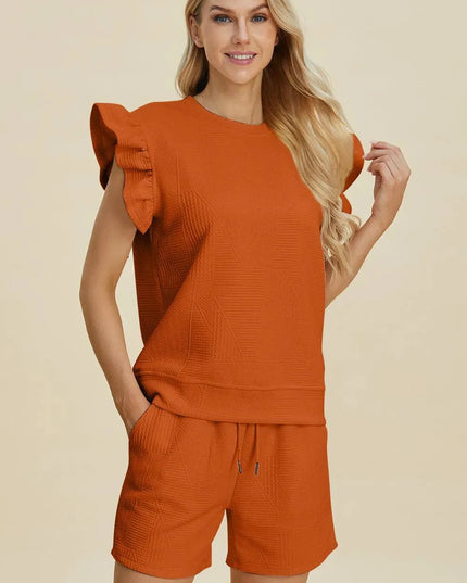 Chic Ruffled Sleeve Top and Shorts Set - Full Size Fashion Ensemble