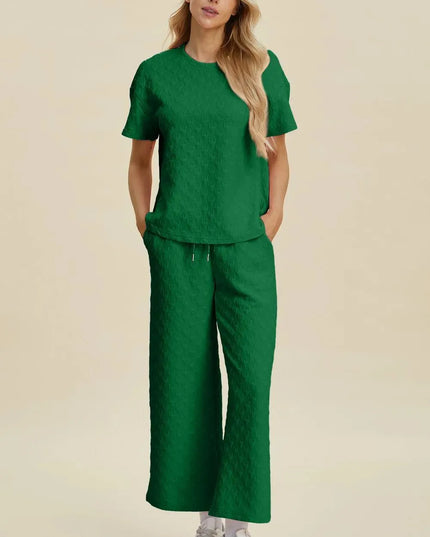 Textured Comfort Two-Piece Top and Pants Set with Pockets