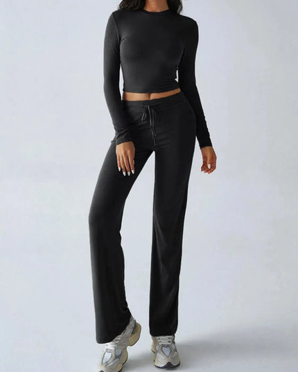 Elegant Long Sleeve Top with Drawstring Trousers Set