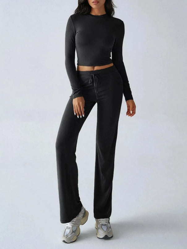 Elegant Long Sleeve Top with Drawstring Trousers Set