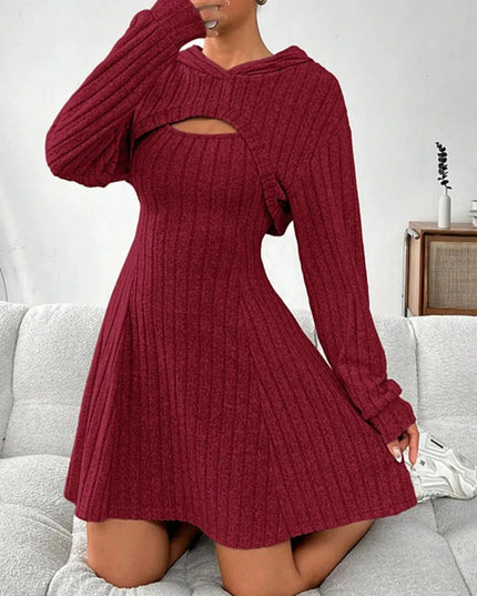 Wide Strap Dress and Long Sleeve Hooded Top Set