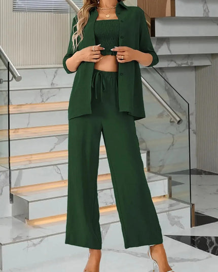 Three-Piece Smocked Crop Top, Button-Up Shirt, and Drawstring Trousers Set