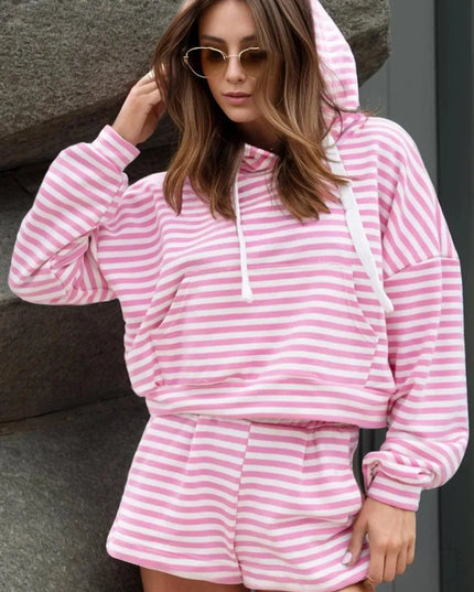 Striped Drawstring Hooded Top and Shorts Combo Set