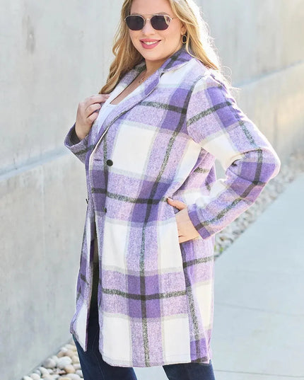 Plaid Button-Up Lapel Coat with Pockets - Full Size Double Take Design