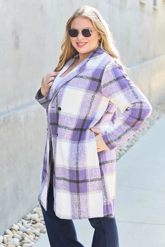 Plaid Button-Up Lapel Coat with Pockets - Full Size Double Take Design