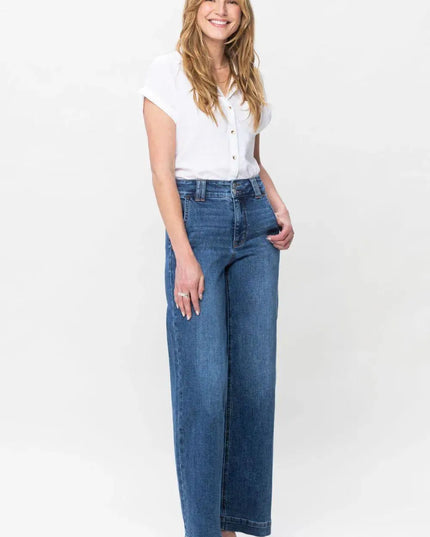 Judy Blue Full Size Double Button Wide Leg Jeans - ShopEasier