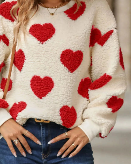 Fuzzy Heart Dropped Shoulder Sweatshirt - ShopEasier