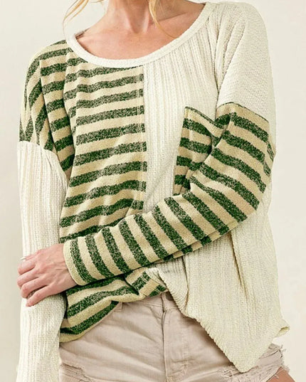 Pocketed Striped Long Sleeve Top with Round Neck