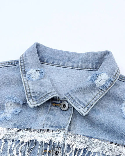 Sequin Fringe Trim Distressed Button Up Denim Jacket - ShopEasier