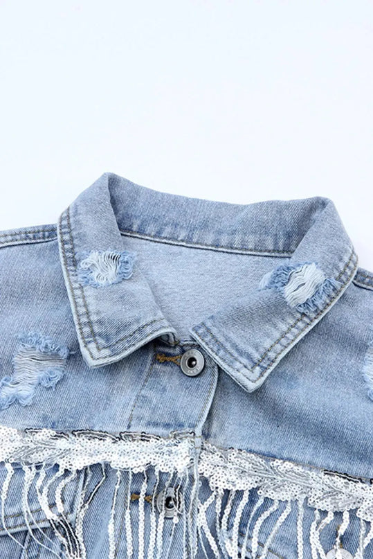 Sequin Fringe Trim Distressed Button Up Denim Jacket - ShopEasier