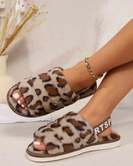 Pantuflas de piel sintética con punta abierta y estampado de leopardo