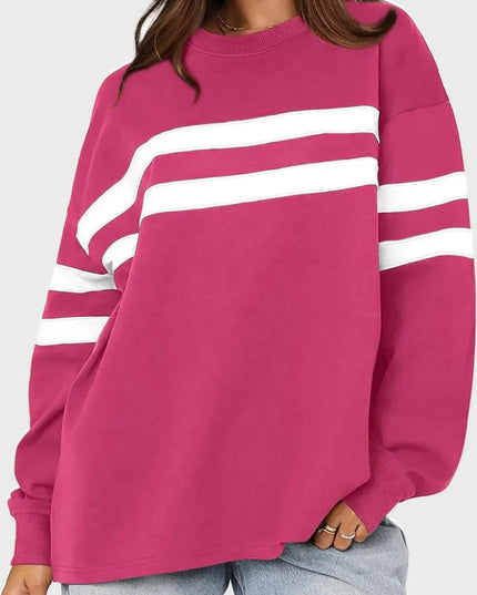 Lovelet Striped Round Neck Dropped Shoulder Sweatshirt - ShopEasier