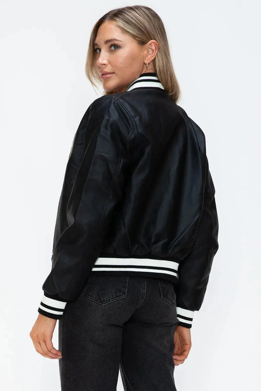 Love Me Now PU Leather Contrast Snap Down Bomber Jacket - ShopEasier