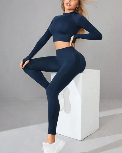 Mock Neck Long Sleeve Top and Pants Active Set - ShopEasier