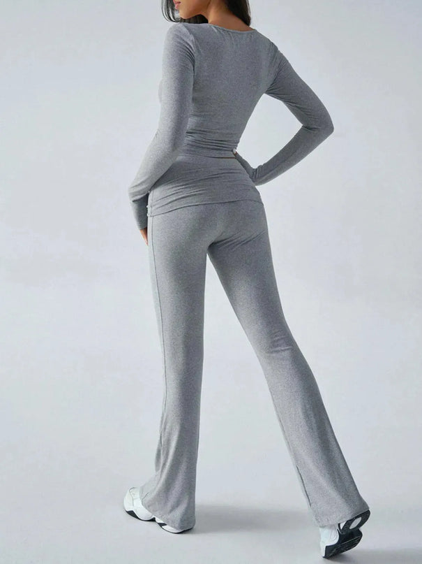 Chic Ruched Long Sleeve Top and Pants Ensemble