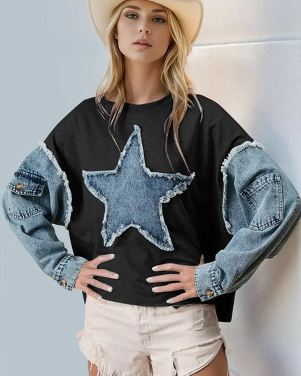 Double Take Raw Edge Star Contrast Sweatshirt - ShopEasier