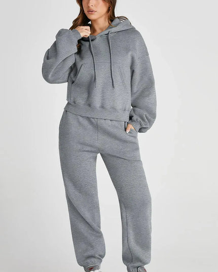 Casual Drawstring Hooded Activewear Set with Pocketed Pants