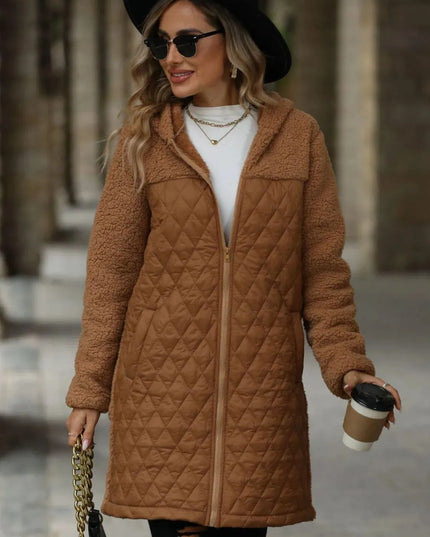 Textured Hooded Zip-Up Coat with Long Sleeves