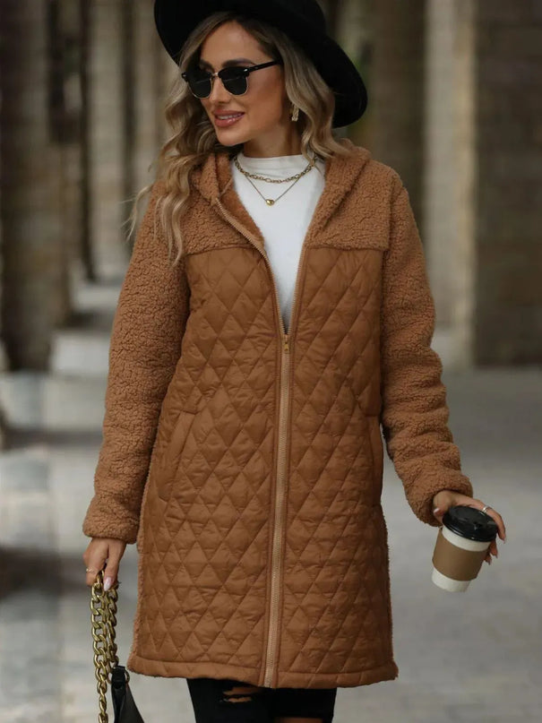 Textured Hooded Zip-Up Coat with Long Sleeves