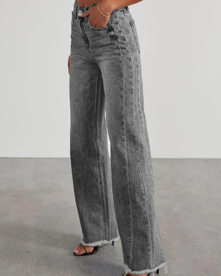 Raw Hem Wide Leg Jeans with Pockets - ShopEasier