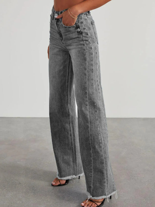 Raw Hem Wide Leg Jeans with Pockets - ShopEasier