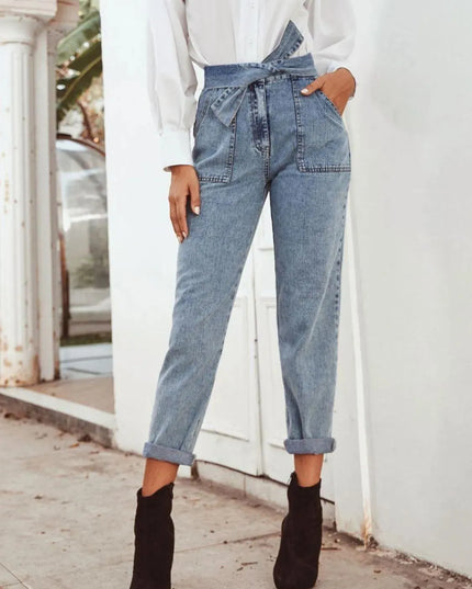 Tied Straight Leg Jeans with Pockets - ShopEasier