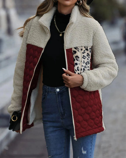 Leopard Print Color Block Zip-Up Hooded Jacket