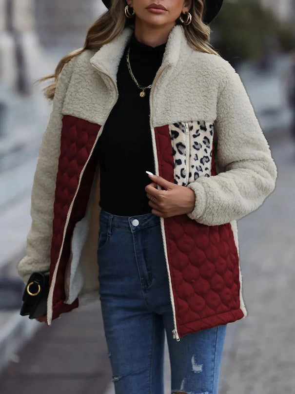 Leopard Print Color Block Zip-Up Hooded Jacket