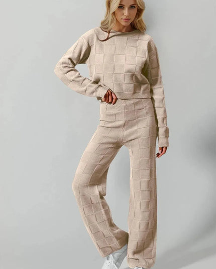 Double Take Full Size Checkered Round Neck Top and Pants Set - ShopEasier