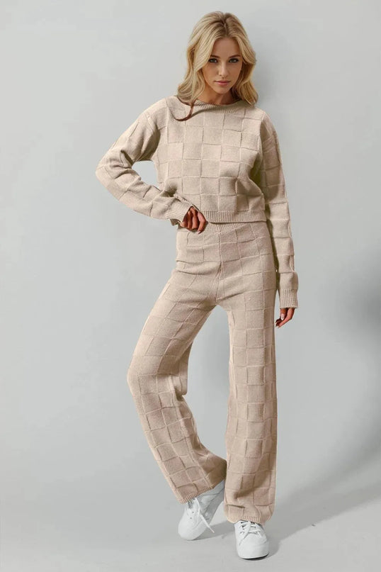 Double Take Full Size Checkered Round Neck Top and Pants Set - ShopEasier