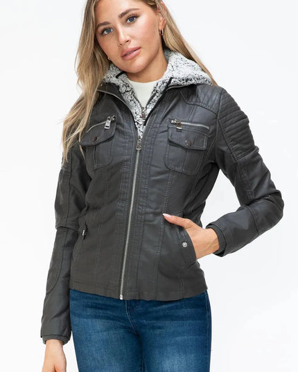 YMI Removable Faux Layered Multi-Pocket Jacket with Fuzzy Hood - ShopEasier