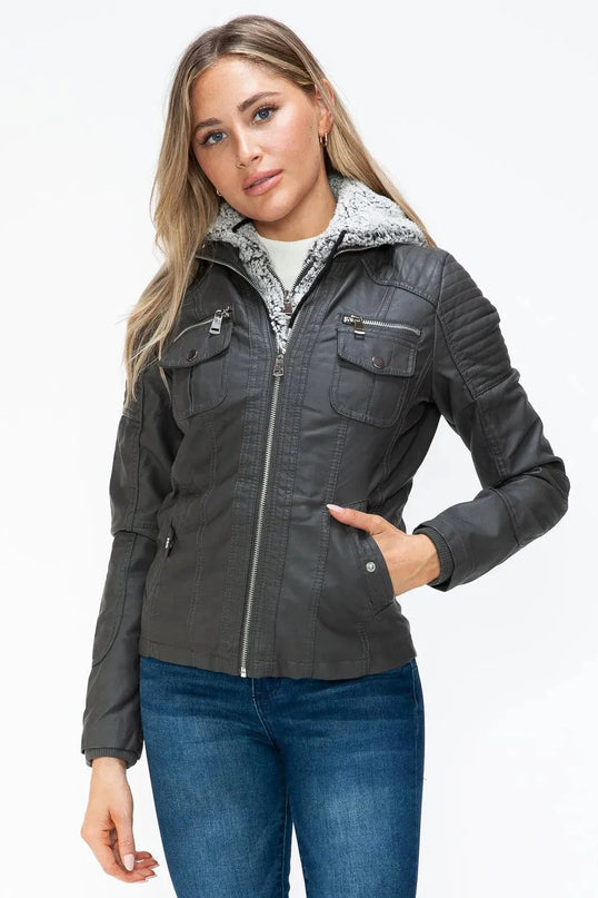 YMI Removable Faux Layered Multi-Pocket Jacket with Fuzzy Hood - ShopEasier