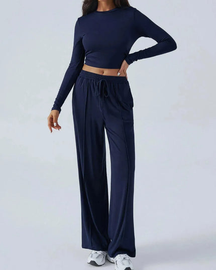 Chic Tied Long Sleeve Top and Pants Set with Pockets