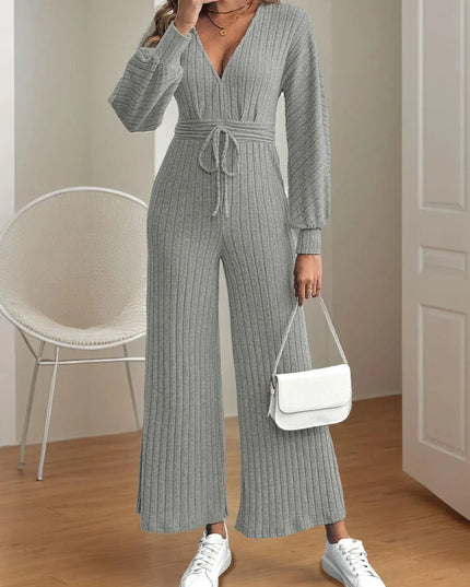 V-Neck Long Sleeve Wide Leg Jumpsuit - ShopEasier